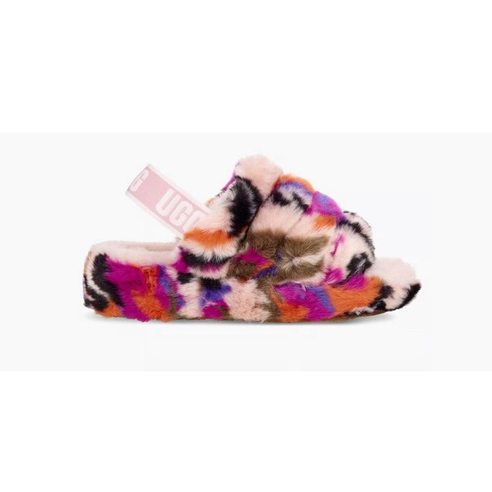 UGG FLUFF YEAH LOGO SLIDES Motlee Furry Chunky Wedge Graffiti Pink Platform